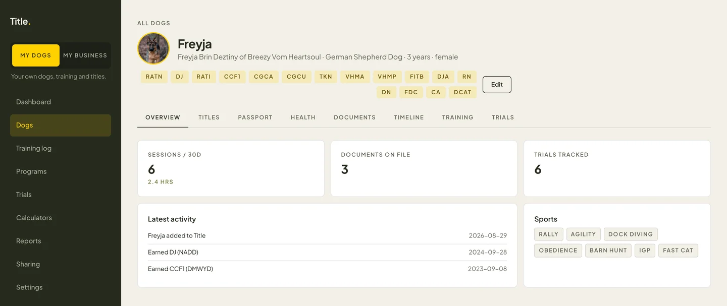 Freyja's Dog Passport inside Title: earned title badges across the top, tabs for titles, passport, health, documents, timeline, training and trials, and cards counting her sessions, documents, trials and sports.